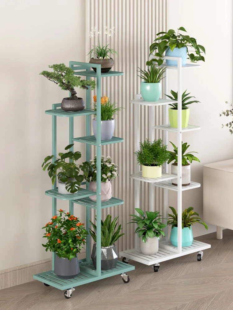 

Flower rack living room floor-to-ceiling movable belt wheel 2024 new balcony shelf flower pot rack plant display rack