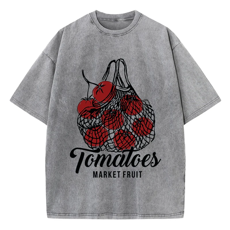 

Tomatoes Market Fruit Prints Washed T Shirts Women Cotton Tops Distressed O-Neck Comfortable Streetwear Summer Woman Clothes