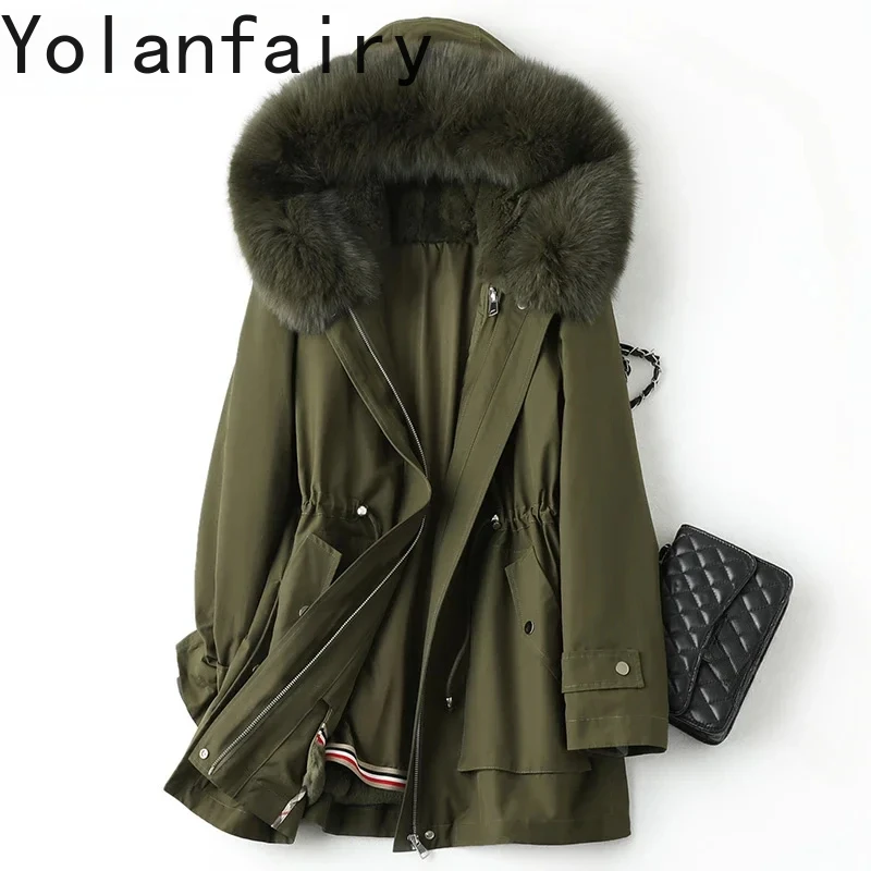 2024 Real Fur Parkas Womens Clothing Luxury Fox Fur Collar Autumn and Winter Detachable Rabbit Fur Inner Liner Waist Drawstring