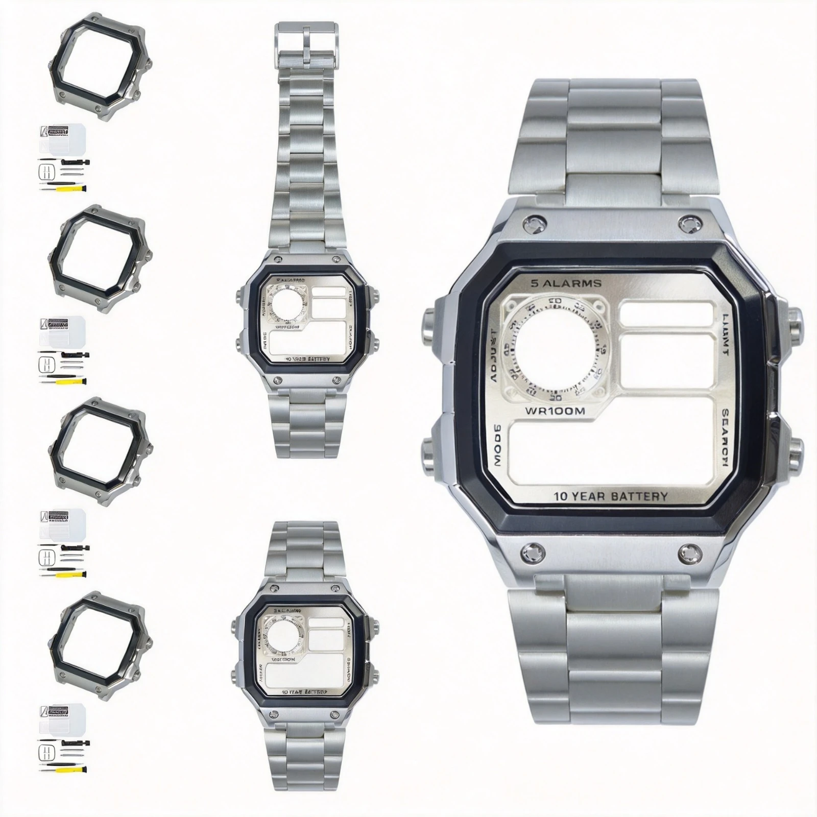 Komplettes Modifikations-Set für Casio AE1200 Uhr, 316SS Schwarzer Lünette-Silbergehäuse-Upgrade-Ersatz-Zifferblatt-Set