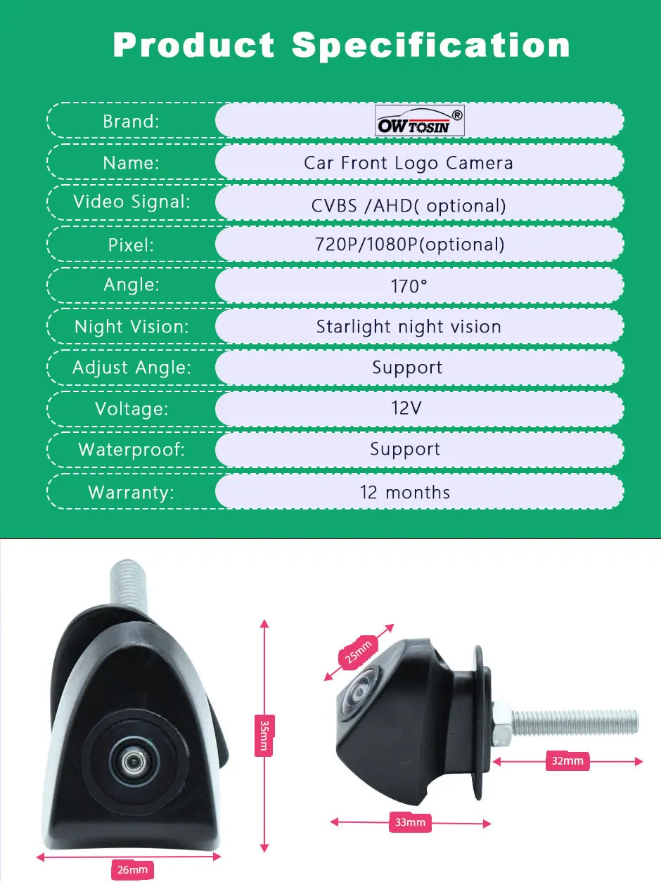 For Toyota Avensis Crown Reiz Prius Prado Camry Yaris Corolla Hilux Vehicle Camera 170°AHD 1920*1080P Front Logo View Car Camera