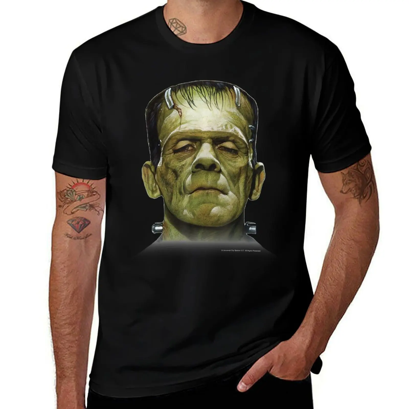 

Universal Monsters Frankenstein Big Face T-Shirt Aesthetic clothing Short sleeve tee blue archive quick drying Men's clothing