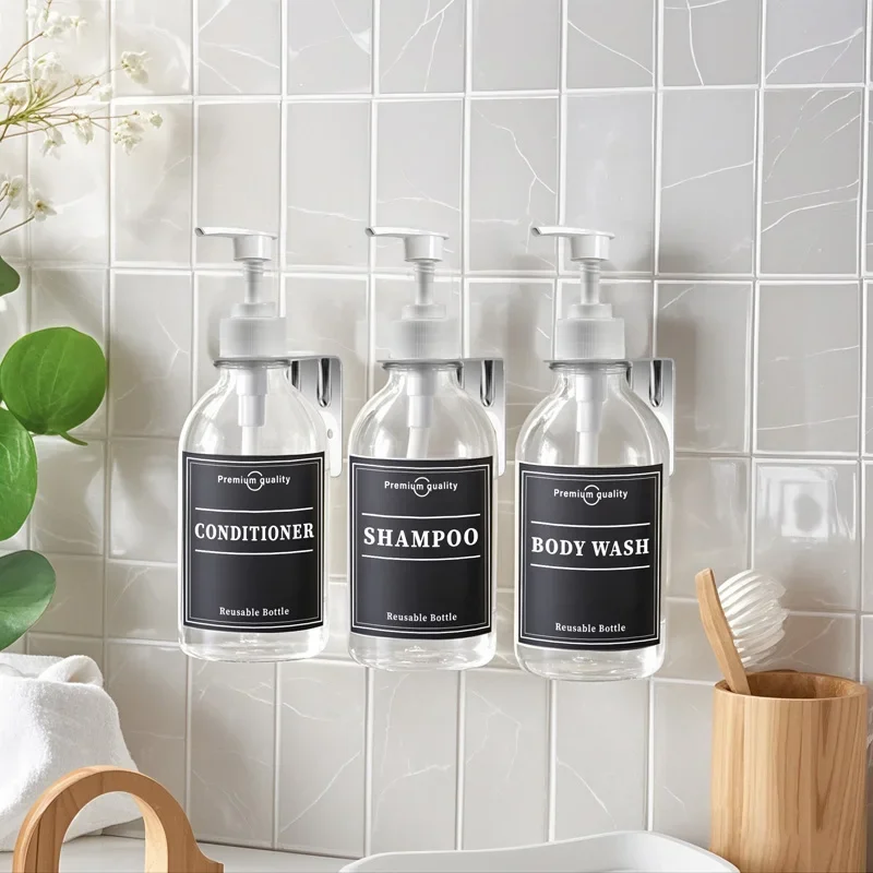 1/2/3PCS Shampoo Bottle Set with Label Shower Gel Holder Tray Bathroom Empty Liquid  Hand Sanatizer  Container Hanger Hook 500ml