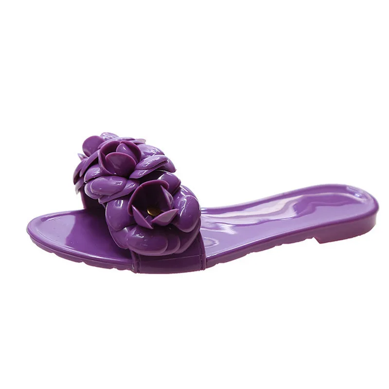 Comemore Sweet Women Flower Appliques pantofole Pvc Jelly Shoes tacco piatto Soft Elegant Leisure Slides Outdoor Beach Chinelos 2022