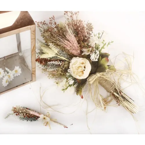 Nettenevime Bride Flower Artificial Flower Cream Roses and Powder Dry Flower Branches Bridal Bouquet