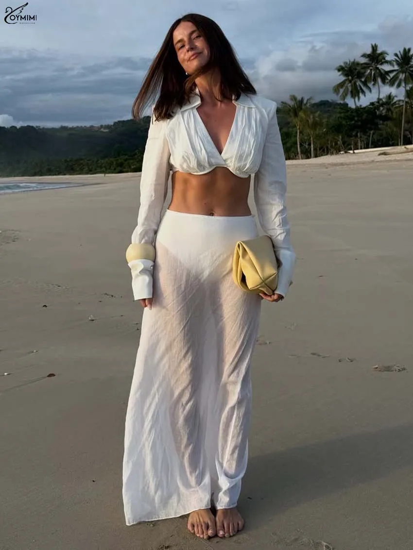 

Oymimi Summer White Cotton 2 Piece Sets Woman Outfit Fashion Lapel Long Sleeve Crop Blouses And Simple Floor-Length Skirts Sets