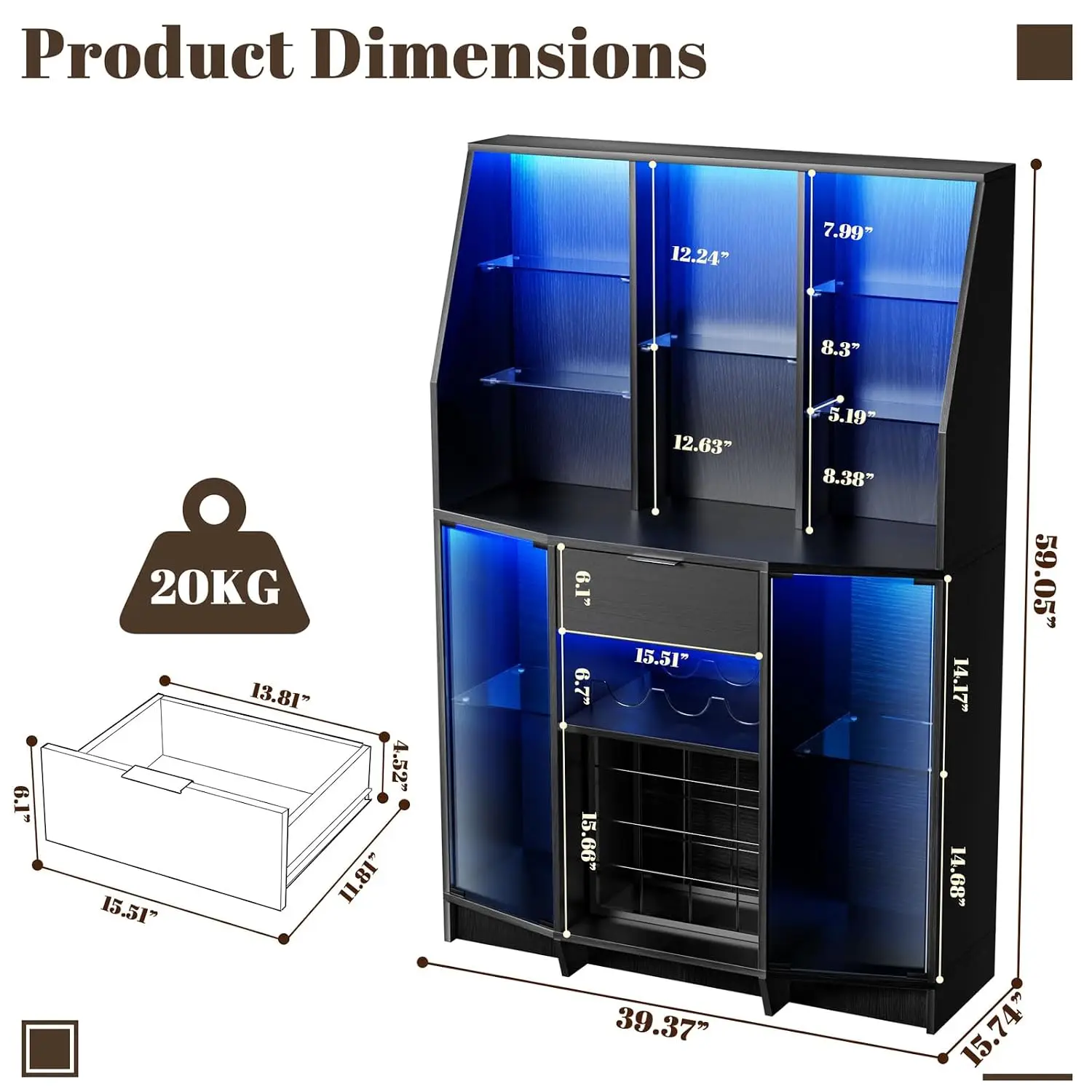 Wine Bar Cabinet W/ LED Lights & Glass Door, 16 Grid Glass Rack & Adjustable Shelves, Drawer for Living Room, Customized