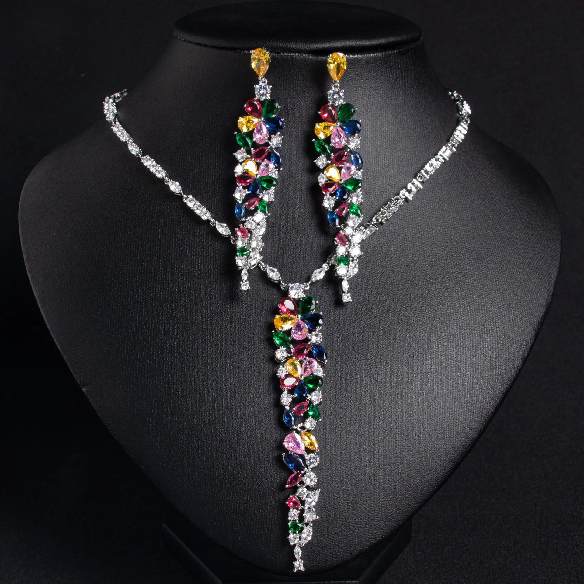 

Colorful Zircon Copper Tassel Bridal Necklace And Earring Set for Women Wedding Party Accessory