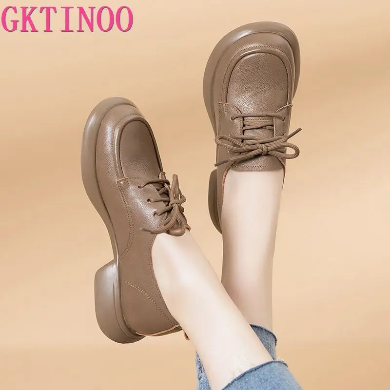 GKTINOO Platform Shoes Women Genuine Cow Leather Round Toe Sewing Lace-Up Chunky Sole Ladies Low Heels Shoes Handmade Plus Size