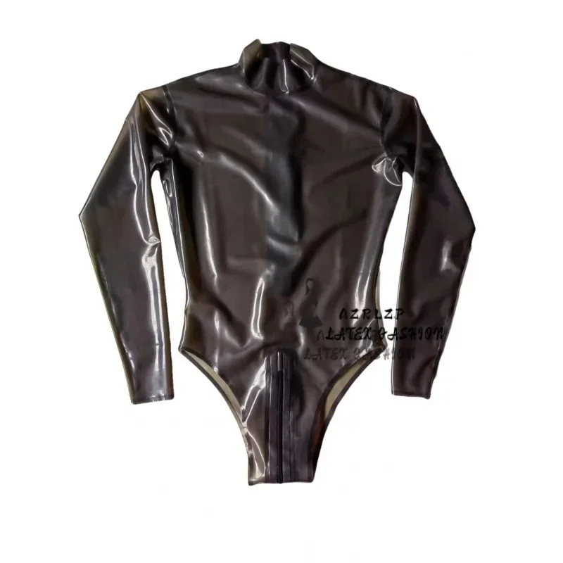 Men\'s 100% Latex Bodysuit Long Sleeve High Cut Leotard Rubber Swimming Catsuit Crotch Zipper