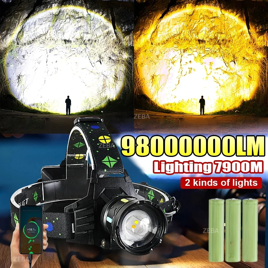 

98000000LM Most Powerful Headlamp White/Yellow Light Rechargeable LED Headlight 7900M High Power Head Flashlight Fishing Lantern