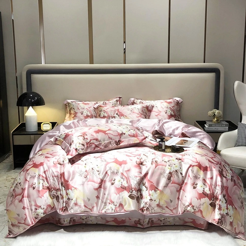 Cool‑Feeling Satin Duvet Cover Set, Vintage Floral Pattern 4‑Piece Polyester Bedding Kit, Breathable Smooth Bed Linens