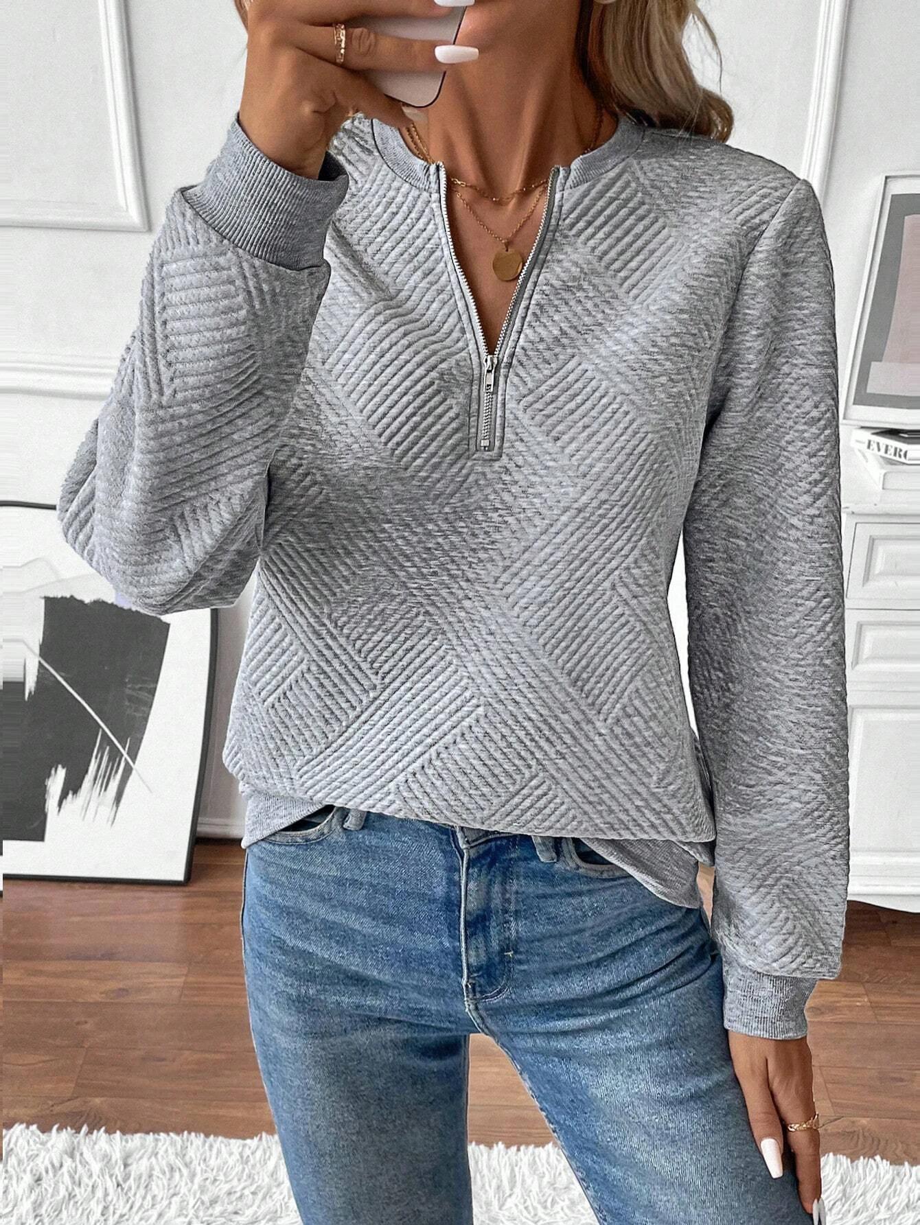

Women's autumn sweater tie neckline long sleeve flat shoulder rib insert zipper decorative texture fabric sweater