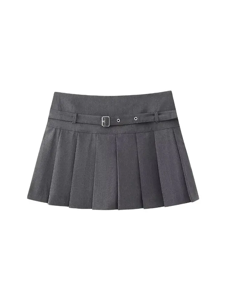 TRZA-Pleated Shorts Skirts for Women, With Belt,Side Zipper, Mid Waist, Female Skort,Fashion