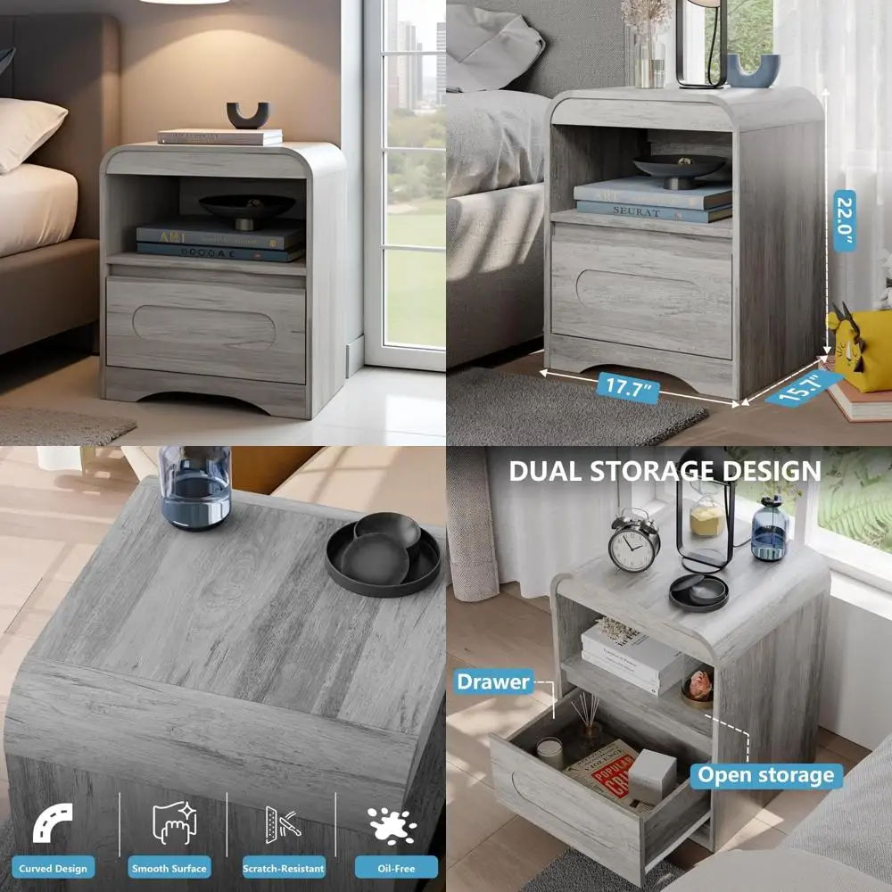 Wide Modern Curved Nightstand with Drawer Storage for Bedside Use