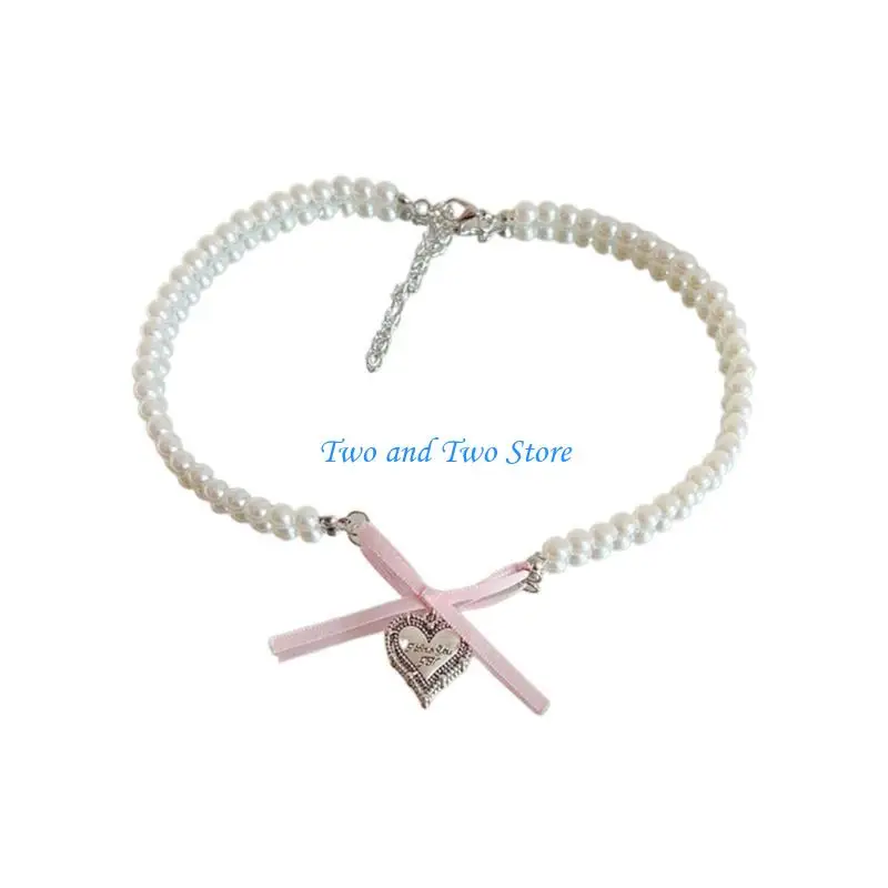 HX6F 優雅なスターシェルネックレス洗練されたちょう結びハートパール鎖骨チェーンスタイリッシュなピンククリスタルラブシェイプネックチェーン