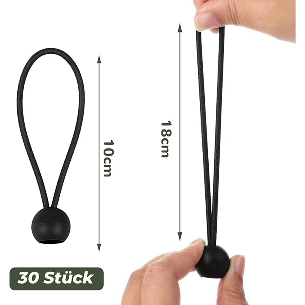 30 Pcs Black Rubber Bungee Cord Tensioners With Ball 10 15 20cm Elastic Straps For Camping Tent Tarpaulin Canopy Securing Tool