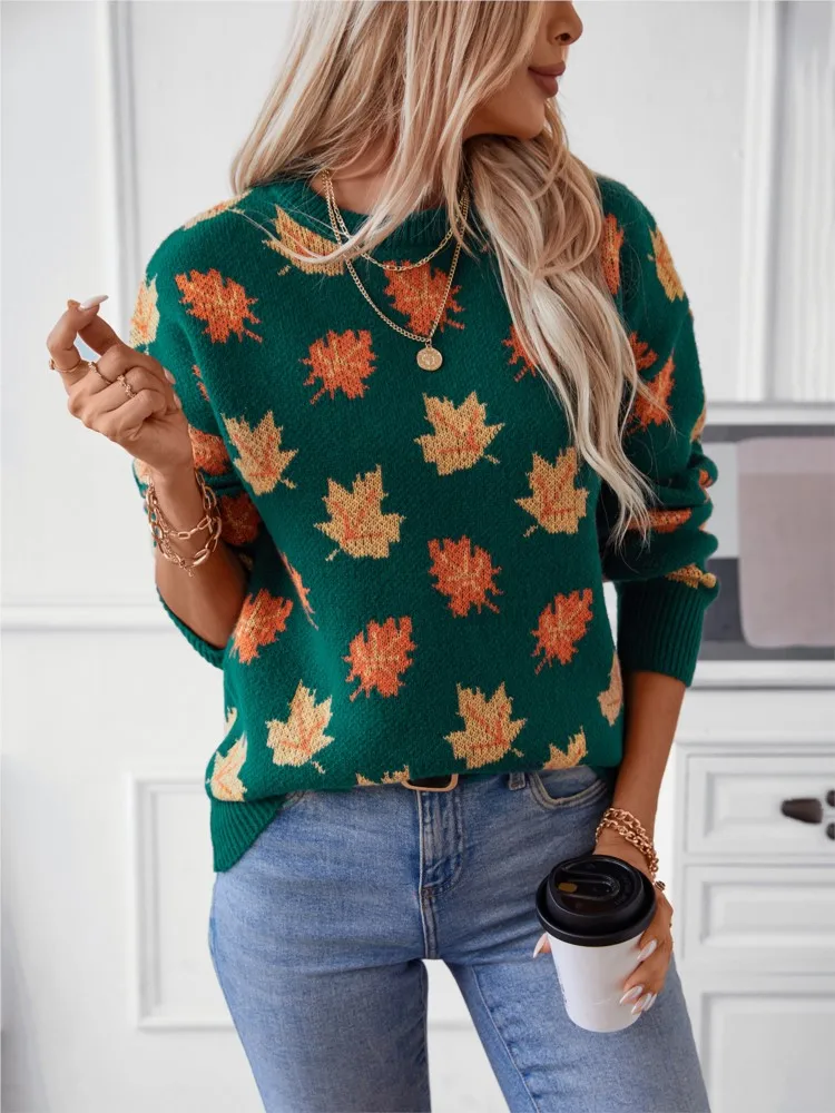 

New Arrival Autumn Winter Women's Sweater Elegant Knitted Maple Leaf Pullovers Fashion Casual O-Neck Warm Female Clothing