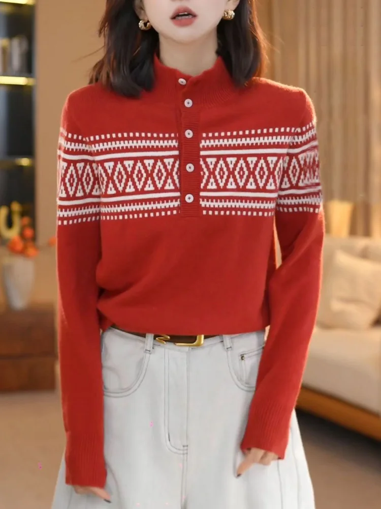 Half High Collar Baggy Knitted Sweater Women's Casual Korean Fashion Bottom Pullovers Button Soft Long Sleeved Knitwear Sueter