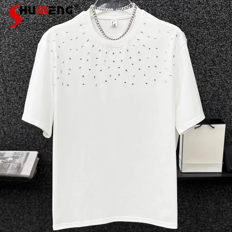 

Men's 2025 Summer New Loose Short-sleeve Solid Color T-shirts Chic Hot Diamond Design Tees Male Round Neck Trendy Handsome Tops