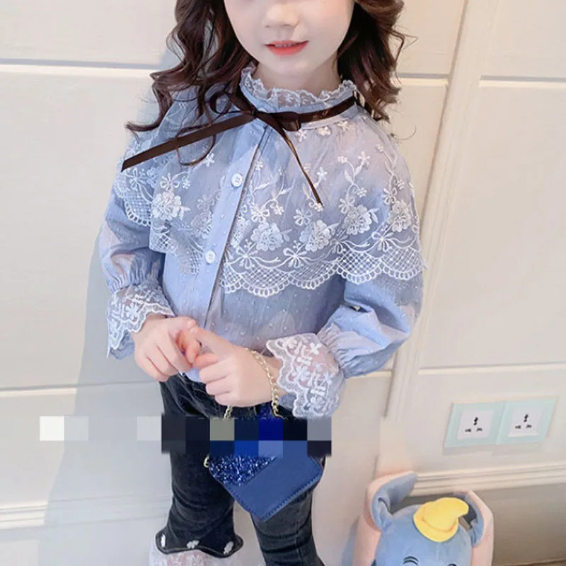 

2024 Autumn Winter New Girls Ruffled Neck Button Spliced Lace Fashion Sweet Long Sleeve All-match Loose Cute Bow Shirt Blouse