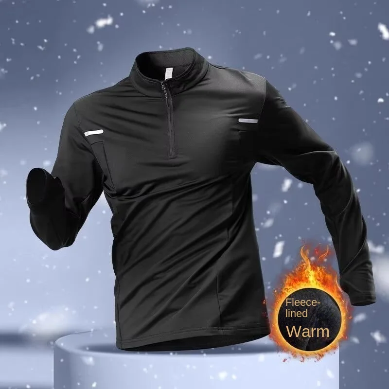 Men Winter Half Zipper Fleece Lined Warm Long Sleeve Top Quick Dry Autumn Outdoor Running Training Shirt
