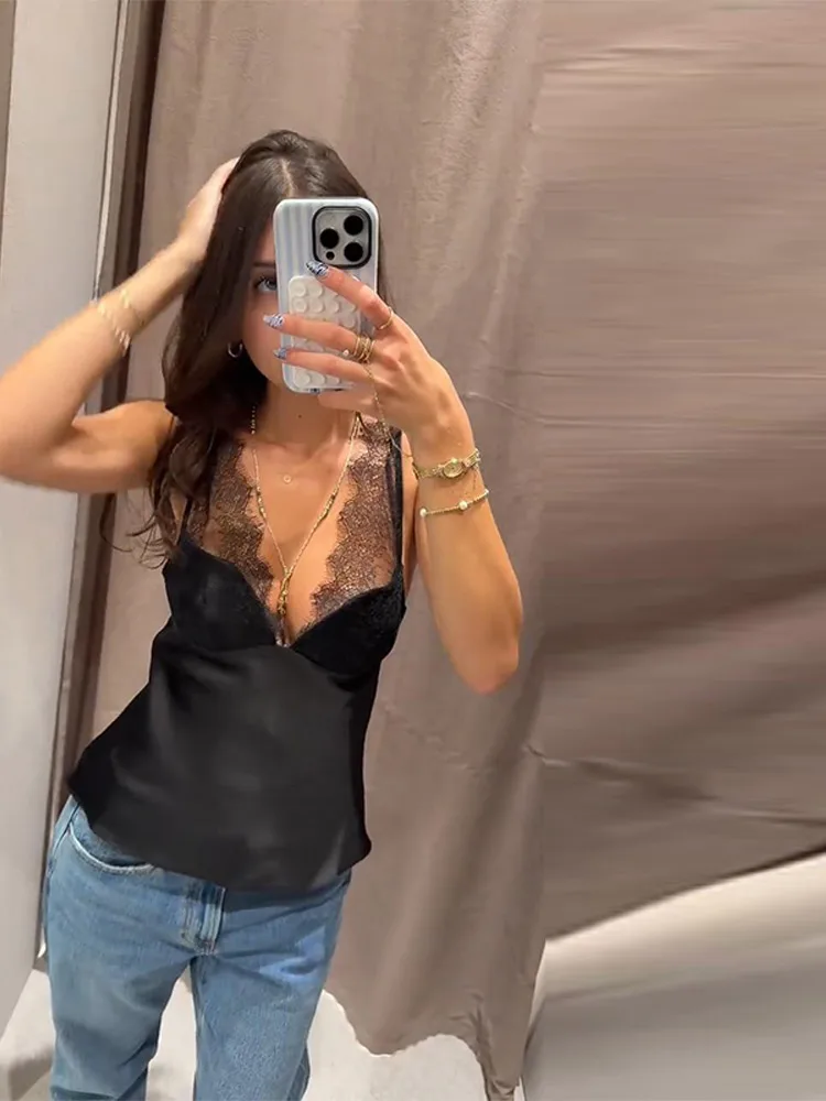 قمصان نسائية مثيرة مرقعة من الدانتيل مشد بدون أكمام وظهر مكشوف ورقبة على شكل حرف v دبابات ضيقة وكاميس موضة 2025 قطع علوية للسهرة للسيدات