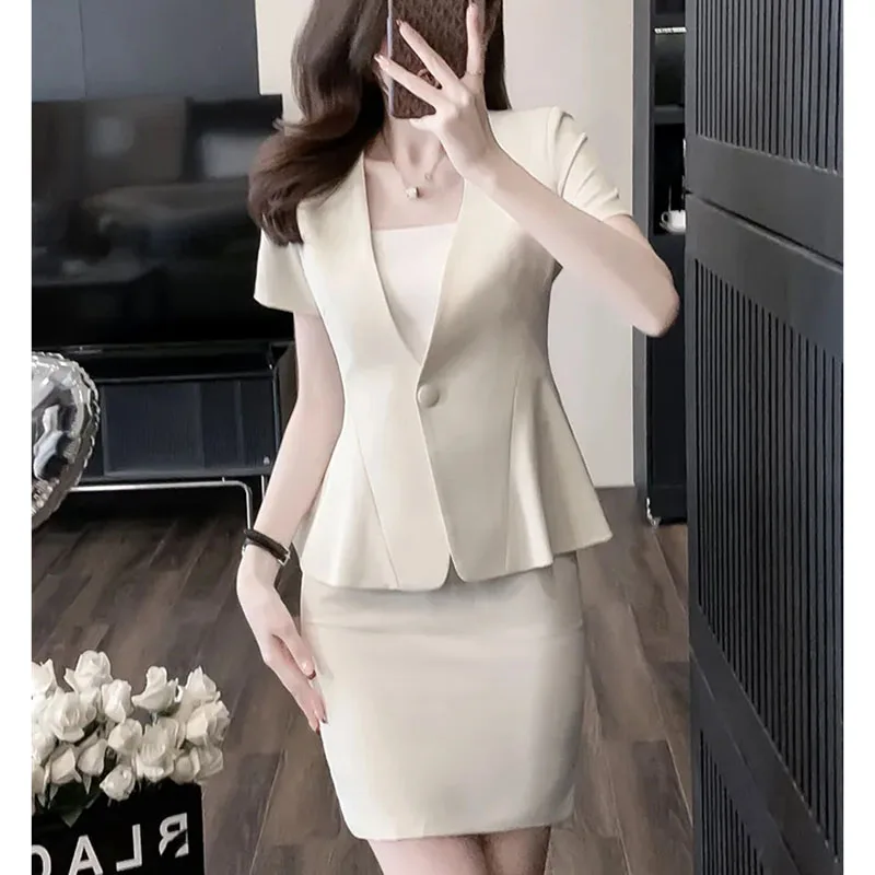 Ladies Solid Color Short Skirt French Women Leisure Suit Two Piece Set Summer Femme Fashion Short Sleeve Occupation Outfit