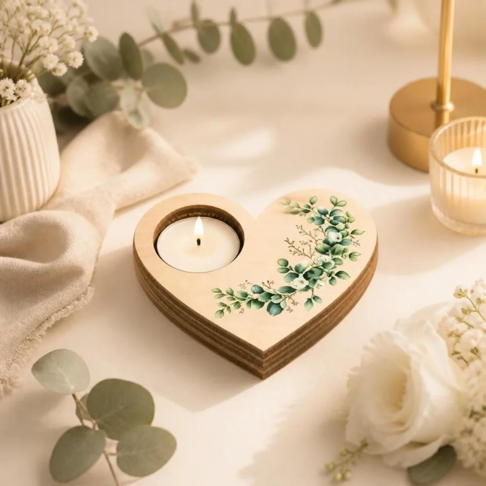 Floral Pattern Heart Shaped Candle Holder Ornament Candlestick Desktop Decoration Butterfly Sweet Wooden Candle Holder