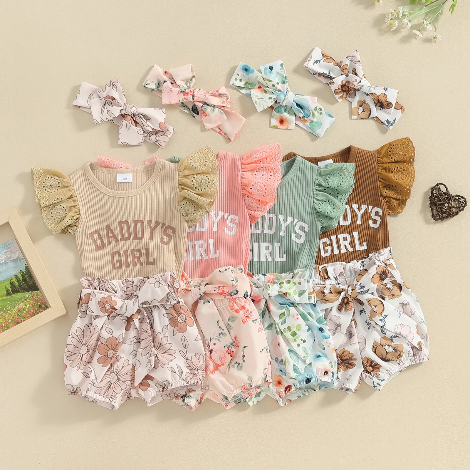 

Baby Girl Summer Outfits Letter Print Lace Fly Sleeve Romper Elastic Waist Floral Print Belt Shorts Headband 3Pcs Set