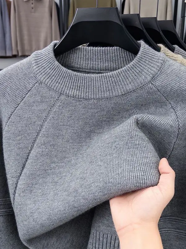 

Утепленный круглый вязаный свитер для мужчин: теплый, повседневный, простой базовый слой для осени и зимы, из полиэфирного волокна, с длинными рукавами