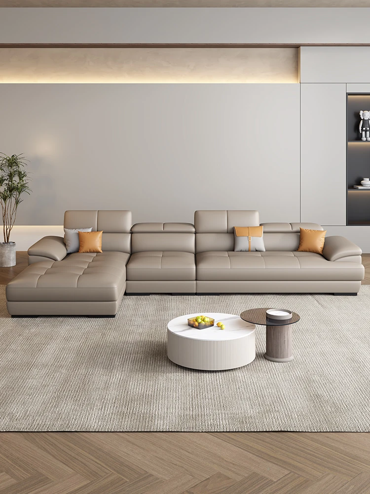 Nordic leather sofa with cowhide top layer, simple modern size, living room, Italian minimalist cream style leather sofa