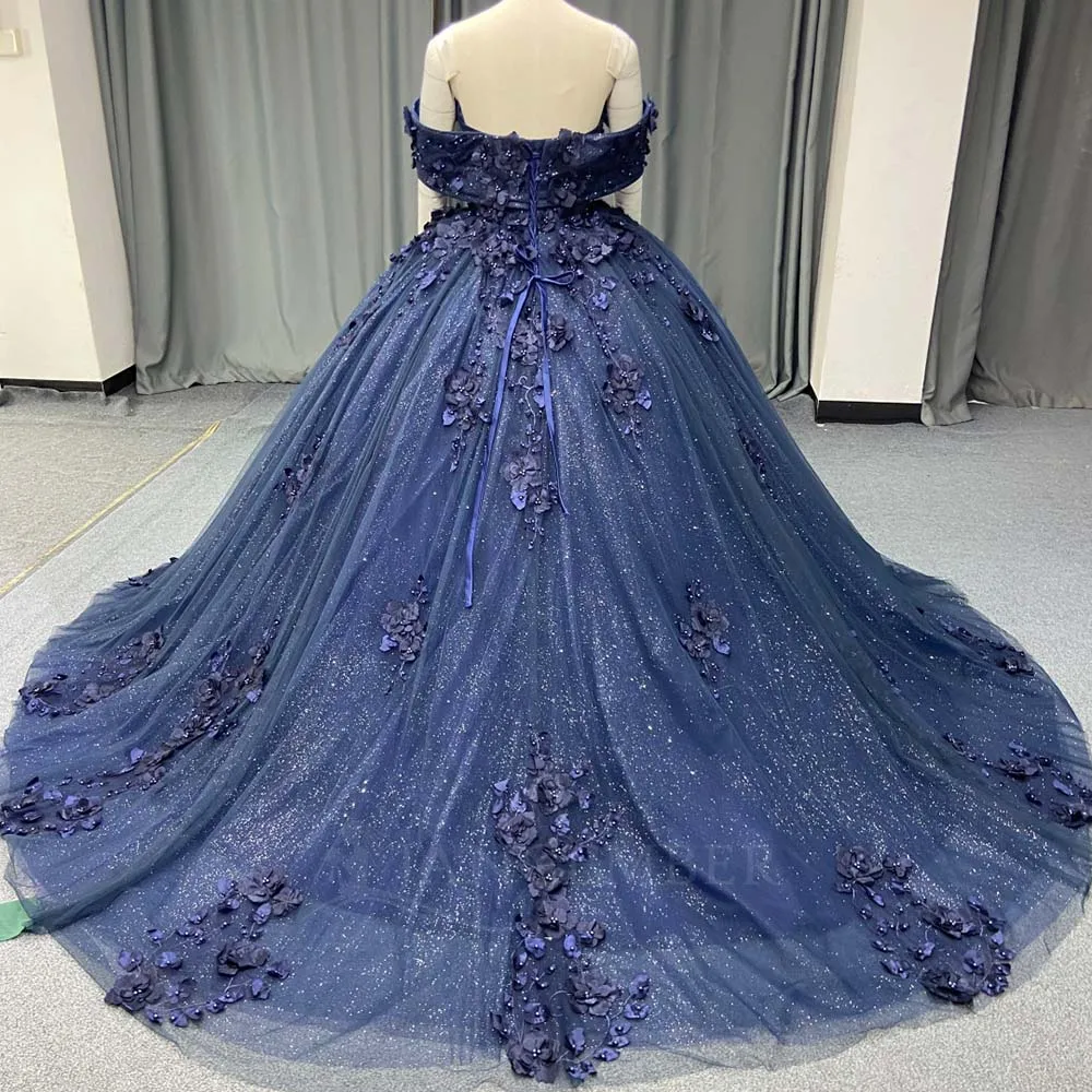 Luxury Quinceanera Dresses Navy Blue Ball Gown Customized Off Shoulder 3D Flowers Cathedral Train vestidos de 15 quinceanera