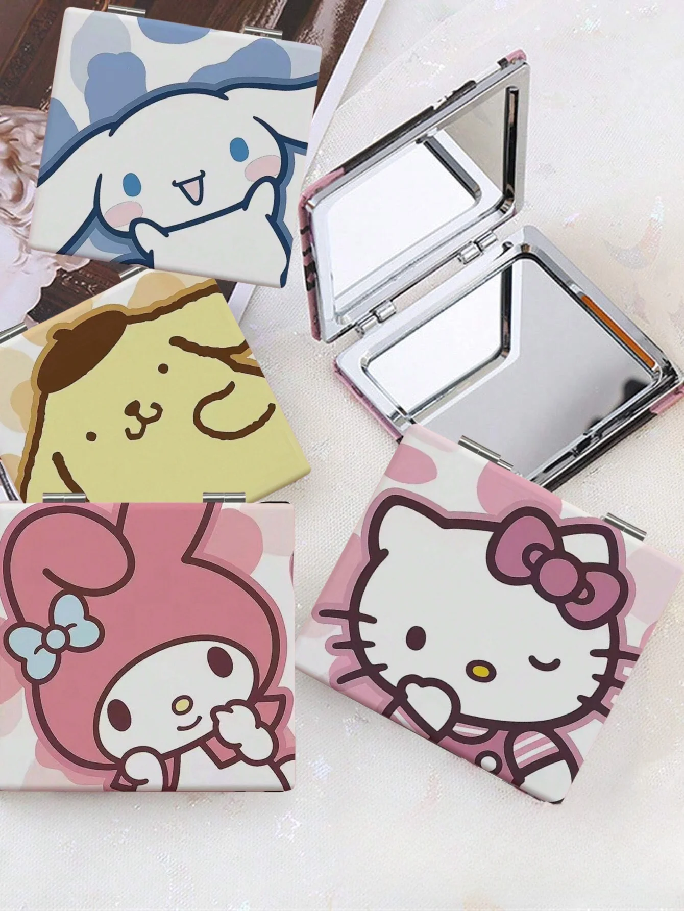 1 Stück Sanrio für Hello Kitty Kompaktspiegel – doppelseitiges faltbares Design mit niedlichen Cartoon-Figuren, tragbares Make-up-Zubehör