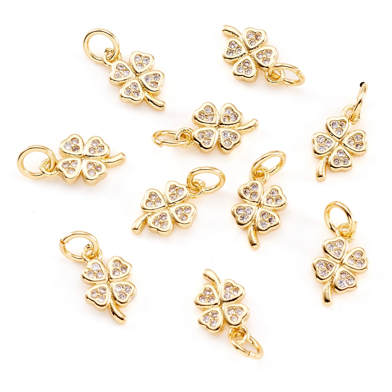 Pandahall 10pcs Clover Brass Micro Pave Cubic Zirconia Pendants Charms With Jump Rings For Necklace Bracelet Jewelry Making Gift