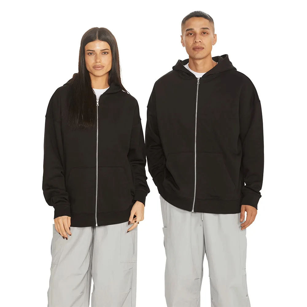 Men's fashionable and casual loose solid color zipper hooded sweatshirt, American style personalized and trendy sportswear