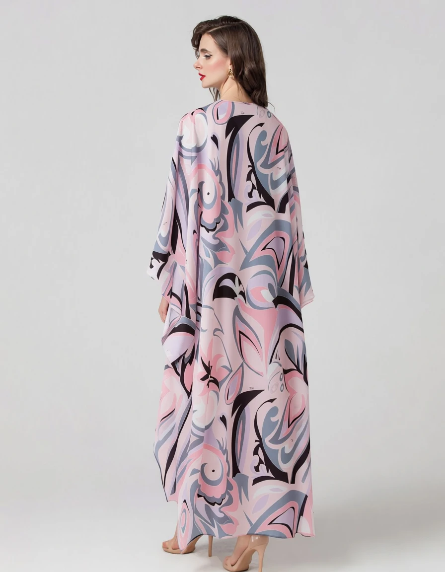 Women's Pink Abstract Print Maxi Dress Lace Up Tassels Boho Beach Fashion Long Robes Outwear