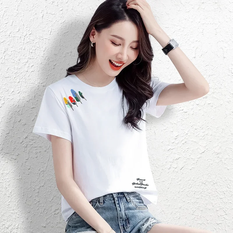 

2023 Women T Shirt Cotton Beautiful White Printed T-shirt Cute Short Sleeve Oversized Tshirt Tops Female Tshirts