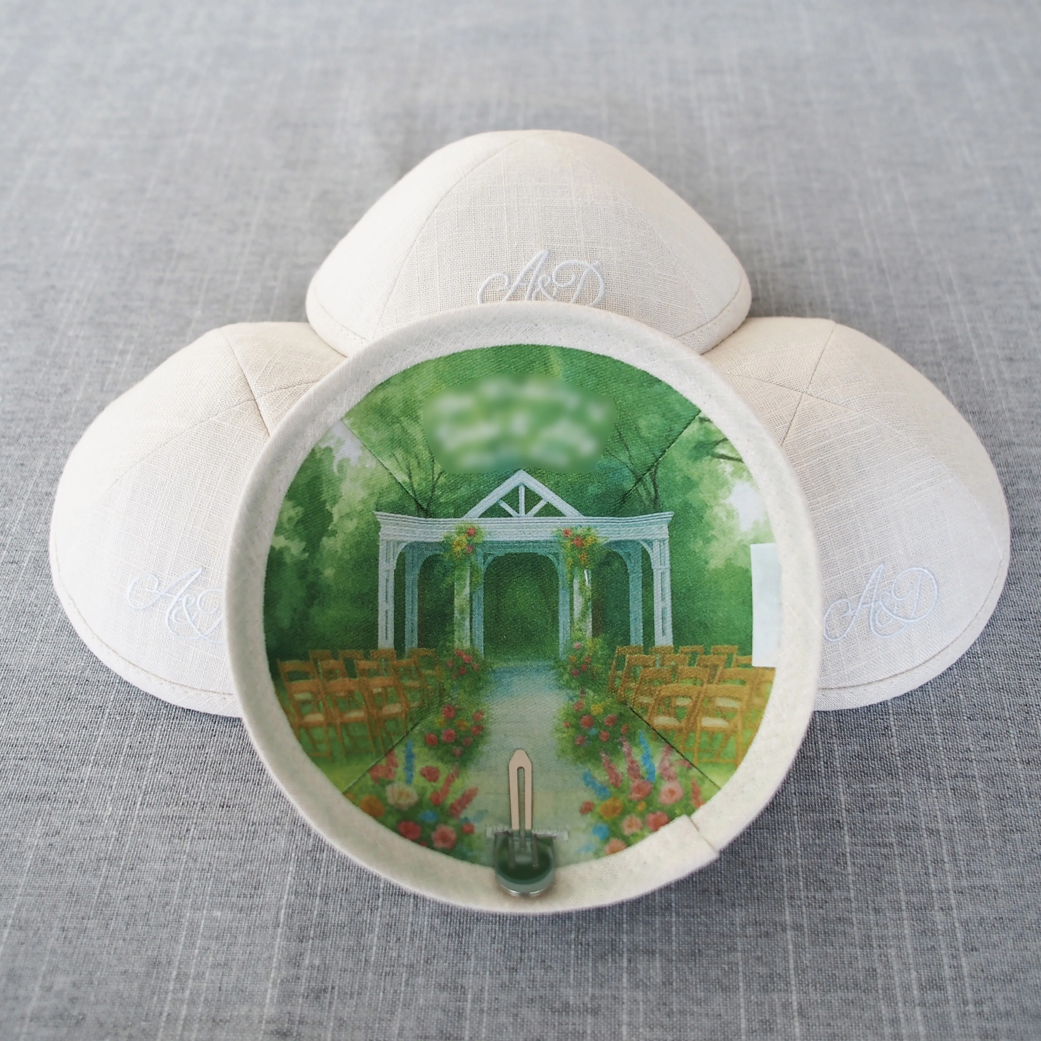 Custom Jewish Yarmulke Wedding Kippot - close-up view