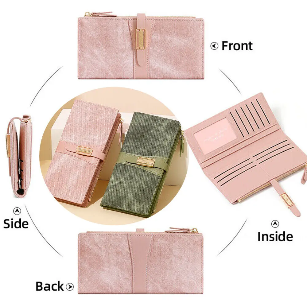 Dompet Panjang Modis untuk Wanita Dompet Lipat Dua Kulit PU Tempat Kartu Kredit Tas Ponsel Wanita Gesper Dua Kali Lipat Hadiah Tas Tangan Genggam