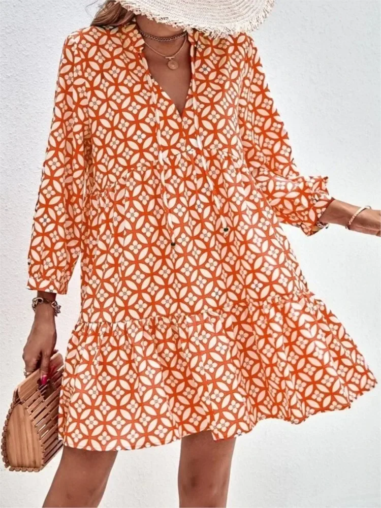 Casual Boho Holiday Clothing Floral Print Dress For Women V Neck Three-quarter Sleeve Spring Autumn Elegant Party Dresses Female