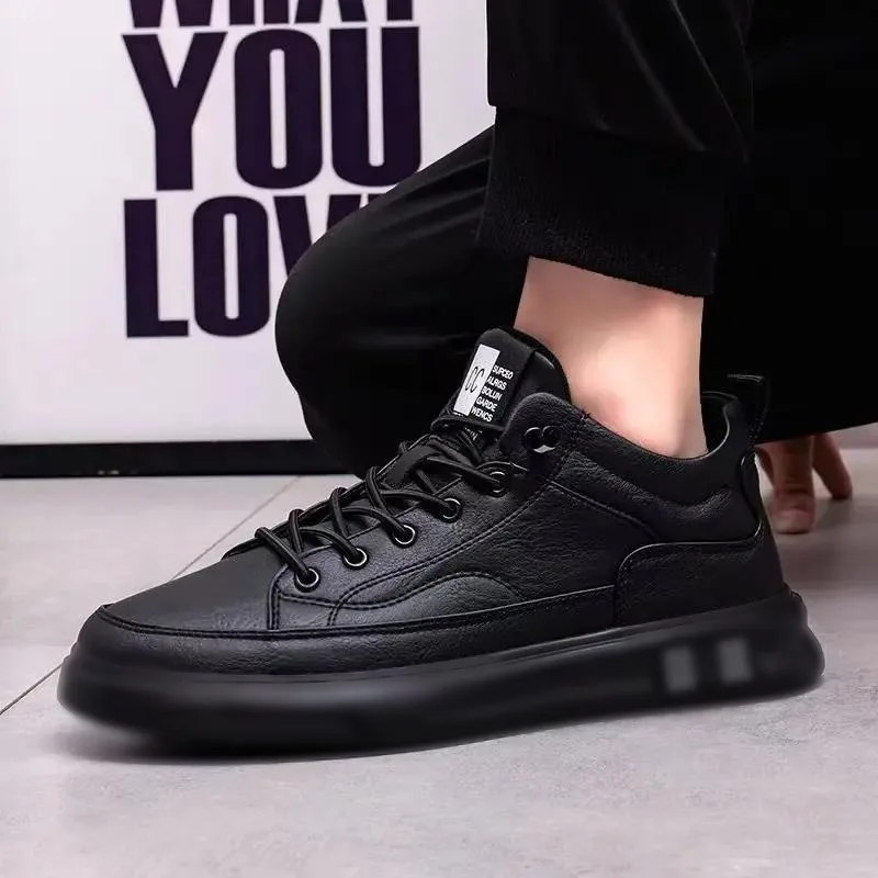 2026 Men's Casual Leather-faced Fleece-lined Cotton Shoes Waterproof Low-top Business Casual Sneakers round Toe Rubber Outsole