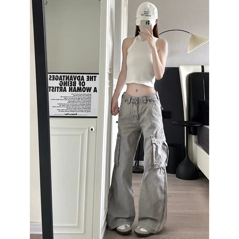 

YIBASHU American Vintage 2000s Style High Waist Gray Jeans Pants Women's Clothes Baggy Y2K Wide Leg Denim Trouser Female Autumn