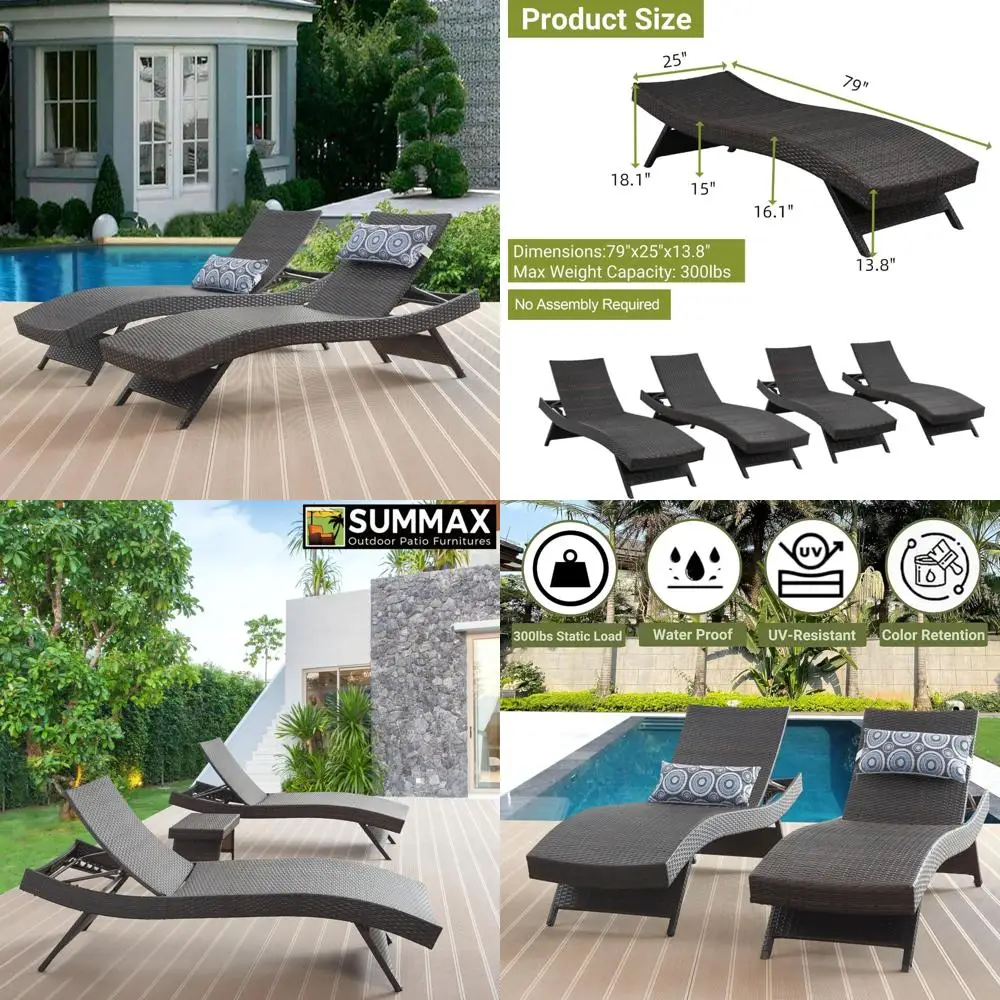 

Pair of 79 Long Reclining Chairs with Cushions, Wicker Chaise Lounge for Outdoor Sunbathing