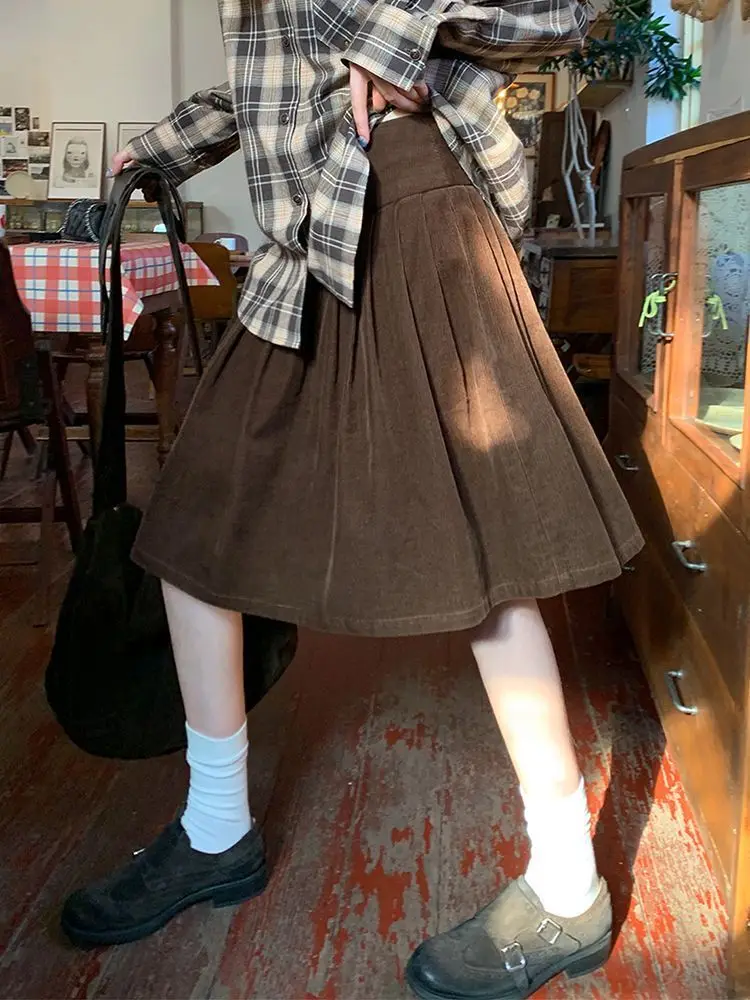 

Japan Corduroy Skirt Autumn And Winter New Wide Waist Pleated Skirt Women'S High Waist Slim Pleated Mid Skirt
