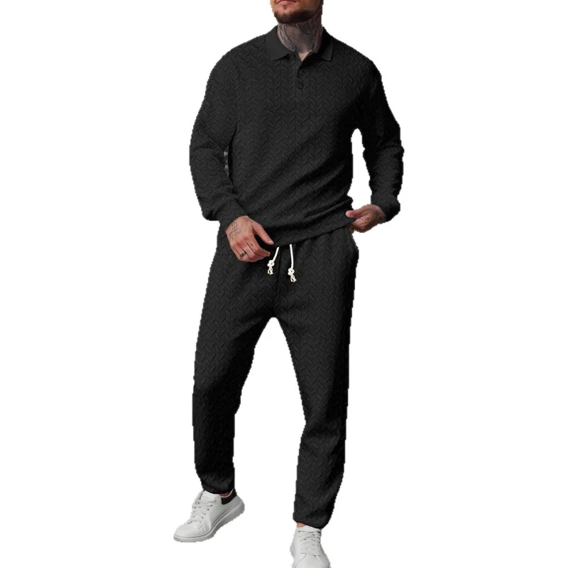 قميص بولو رياضي بأكمام طويلة للرجال من MenPOLOMEN مع نسيج أذن القمح وسروال طويل