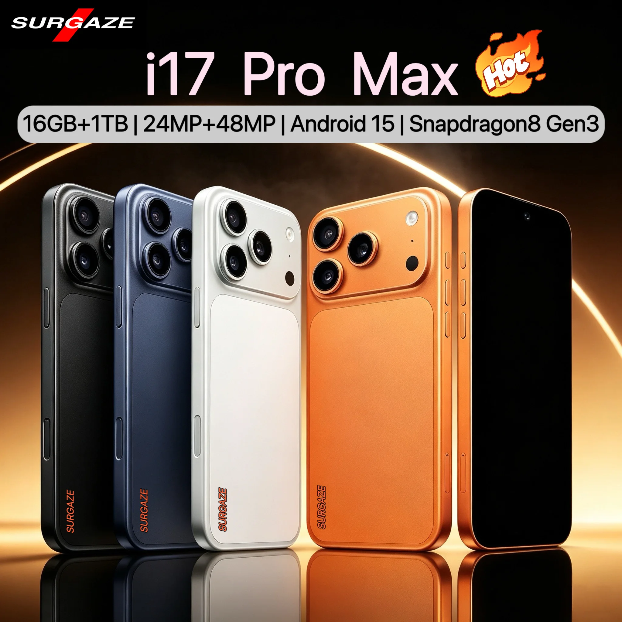 هاتف SURGAZE I17 Pro Max الذكي عالي الأداء بشاشة 6.8 بوصة وذاكرة 16 جيجابايت + 1 تيرابايت وبطارية 5000 مللي أمبير ويدعم شبكات 4G و5G وشريحتي اتصال، إصدار عالمي، هاتف محمول جديد.