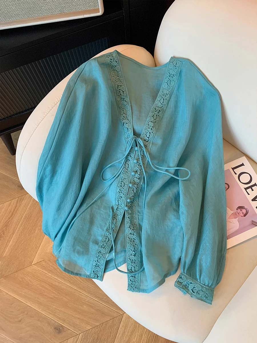 

Женский кардиган на пуговицах из смесового льна и хлопка с кружевной отделкой и V-образным вырезом, нежный, длинный рукав, для ранней осени