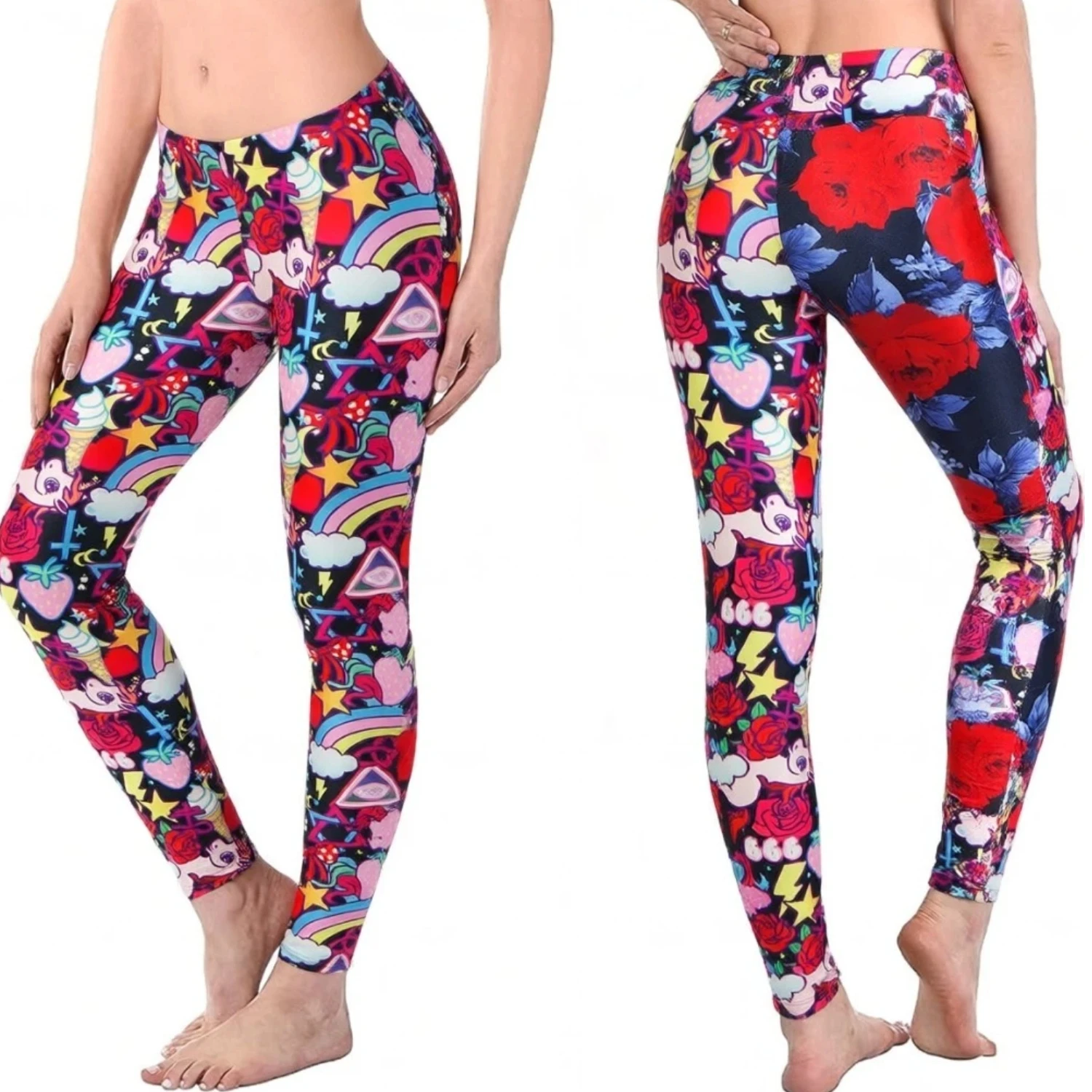 Leggings colorés à imprimé arc-en-ciel pour femmes, dessin animé mignon, graffiti, graphiques coeur et étoile, pantalons de yoga, collants d'entraînement pour le contrôle du ventre