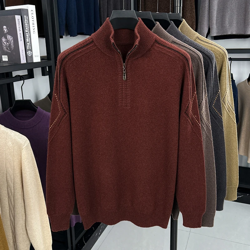 เสื้อผ้าถักไหมแคชเมียร์แพะสำหรับผู้ชาย แฟชั่นฤดูใบไม้ร่วงฤดูหนาว 2025 เสื้อสเวตเตอร์ซิปผู้ชาย เสื้อถักขนแกะ แขนยาว อุ่น